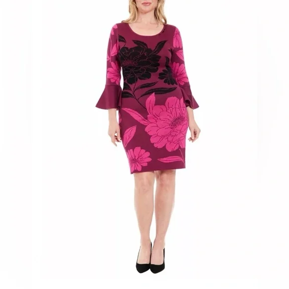 London Times NWT Women'sBell Sleeve Floral Print Sheath Sweater Dress Size XL